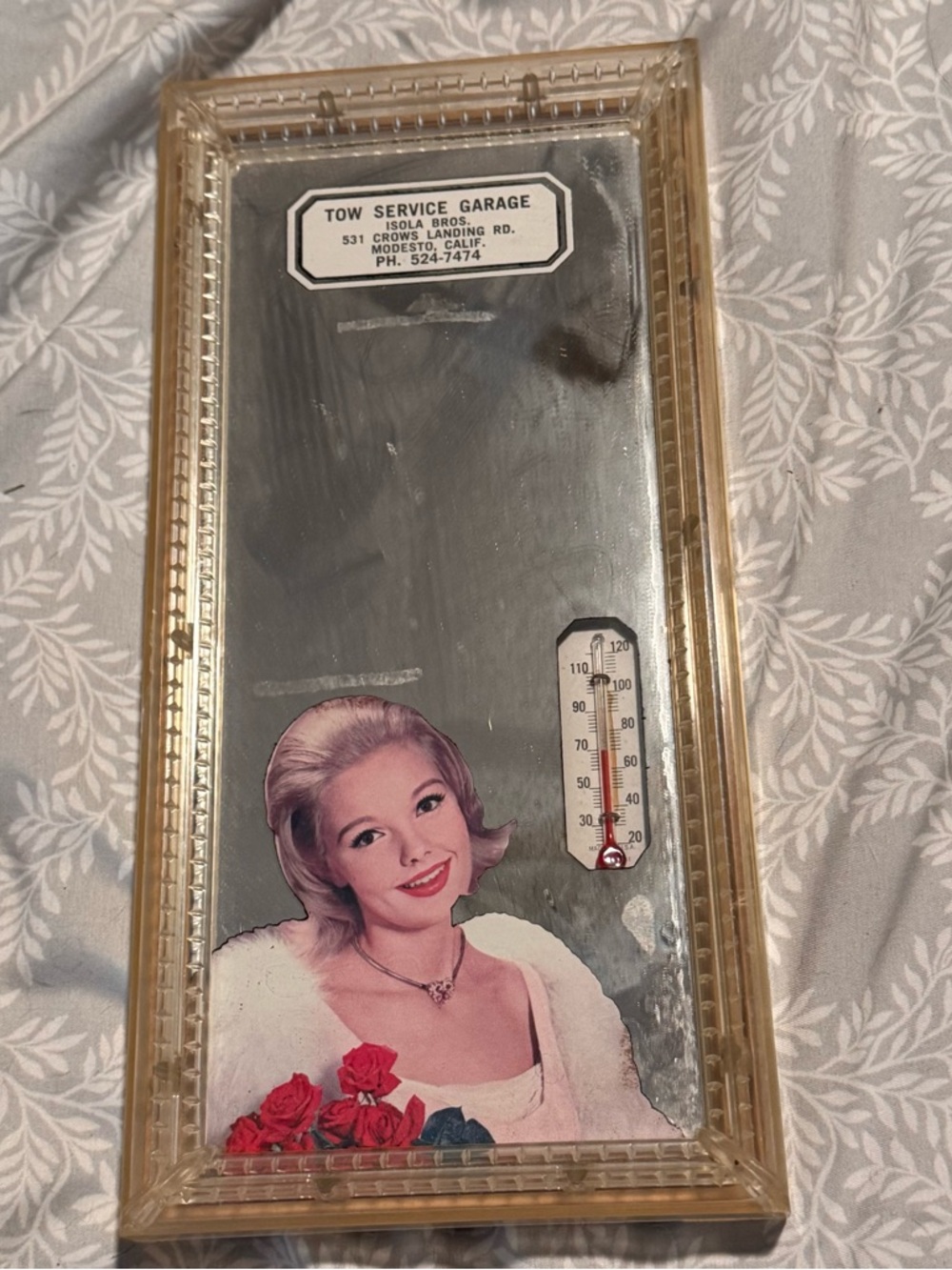 Vtg Advertising Thermometer Mirror Beauty Queen Toe Service Garage Modesto Cal